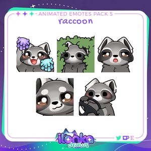 Puede incluir: Paquete de emotes animados de un mapache con diferentes expresiones. El mapache es gris con ojos negros y una nariz negra. Los emotes incluyen al mapache limpiando, escondiéndose en los arbustos, pareciendo sorprendido y conduciendo un coche.