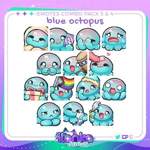 Blue octopus | Twitch/Discord emotes combo pack 3 & 4 (set of 14)