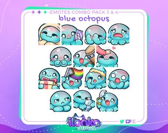 Pacchetto combo 3 e 4 di emote Polpo blu / Twitch/Discord (set da 14)