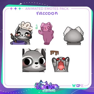 Puede incluir: Paquete de emoticonos animados con un personaje de mapache en varias poses. Los emoticonos incluyen un mapache cocinando, un mapache rosa saludando, un mapache por la espalda, un mapache con cara triste y un mapache con cara de enfado. El texto "Animated Emotes Pack" y "raccoon" son visibles.