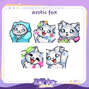 Op de afbeelding: Geanimeerde emotes-set met een witte poolvos met blauwe ogen. De vos wordt in vijf verschillende poses getoond, waaronder met een blauwe capuchontrui, met een roze en groene lolly en met een notitieboekje en een roze stift.