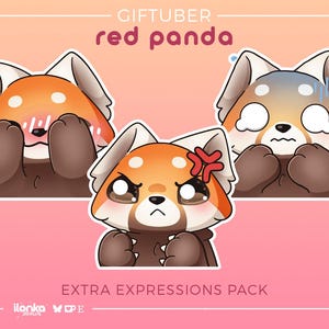 Puede incluir: Tres pegatinas de panda rojo de dibujos animados con diferentes expresiones faciales. Uno se sonroja y se cubre la cara, otro está preocupado y el tercero está enfadado con un símbolo rojo sobre su cabeza. También se ve el texto "GIFTUBER red panda" y "EXTRA EXPRESSIONS PACK".