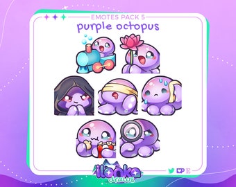 Purple octopus | Twitch/Discord emotes pack 5 (set of 7)