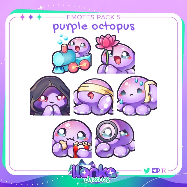 Lila Oktopus | Twitch/Discord Emotes Pack 5 (Set von 7)