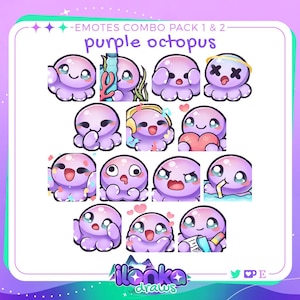 Paquete combinado de emoticones de Twitch/Discord y pulpo morado (juego de 14)