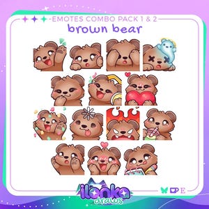 Puede incluir: Un conjunto de emotes de osos marrones con diversas expresiones, como saludar, sonrojarse y sostener un corazón. El texto "-EMOTES COMBO PACK 1 & 2 - brown bear" se muestra en la parte superior. El nombre del artista, "ilonka draws", está en la parte inferior.