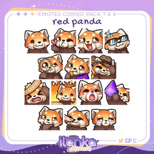 May include: A set of 12 red panda emoticons with different expressions, including winking, blushing, and holding a magnifying glass. The emoticons are in a white frame with the text "EMOTES COMBO PACK 7 & 8 red panda" at the top.