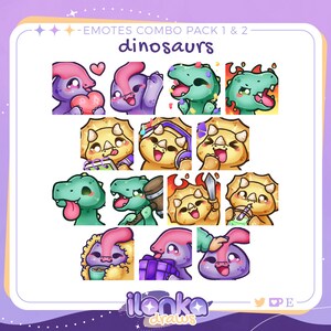 May include: A set of 12 digital dinosaur emoticons. The emoticons are in various poses and expressions, including a dinosaur holding a book, a dinosaur with a sword, and a dinosaur drinking a smoothie. The emoticons are in a cartoon style and are brightly coloured.