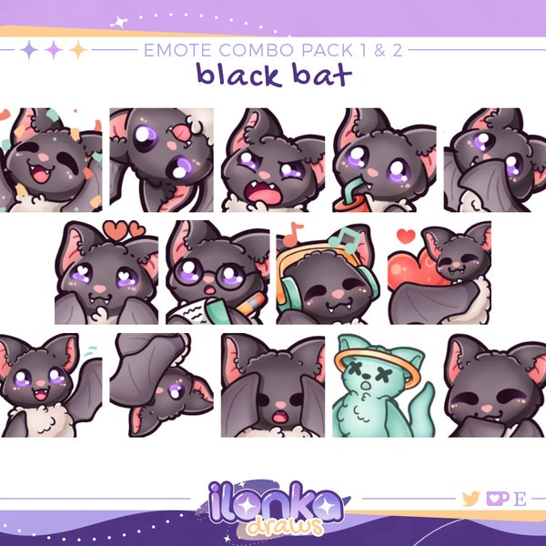 Black bat | Twitch/Discord emotes combo pack 1 & 2 (set of 14)