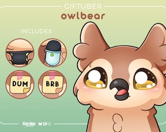 Könnte beinhalten: Illustration eines Eulenbären-Charakters mit großen, ausdrucksstarken Augen und braun-beigem Fell. Das Bild enthält den Text "GIFTUBER owlbear" und Symbole eines Mikrofons, einer Gesichtsmaske und zwei Notizkarten mit den Abkürzungen "DUM" und "BRB".
