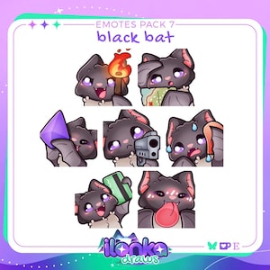 May include: A digital emote pack titled EMOTES PACK 7 black bat featuring seven illustrations of a cartoon bat with purple eyes. The bat is shown holding a torch, a map, a purple crystal, a handgun, a cloth, a credit card, and sticking its tongue out.
