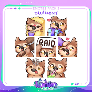Könnte beinhalten: Ein Set mit 7 animierten Eulenbär-Emojis für Twitch oder Discord. Die Emojis zeigen einen braunen Eulenbär mit verschiedenen Gesichtsausdrücken, darunter ein glücklicher Eulenbär, der ein Geschenk hält, ein schläfriger Eulenbär mit einer Tasse Kaffee, ein überraschter Eulenbär mit einem Hammer, ein glücklicher Eulenbär, der ein Schild mit der Aufschrift "RAID" hält, ein überraschter Eulenbär mit einem Herzen über seinem Kopf, ein glücklicher Eulenbär mit einer Blume und ein glücklicher Eulenbär, der einen Boba-Tee trinkt.