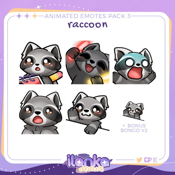 Raccoon | Animated Twitch/Discord emotes pack 3 (set of 6)