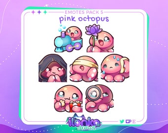 Pink octopus | Twitch/Discord emotes pack 5 (set of 7)