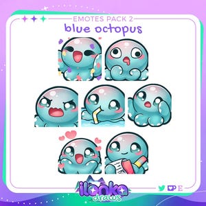 Blue octopus | Twitch/Discord emotes pack 2 (set of 7)
