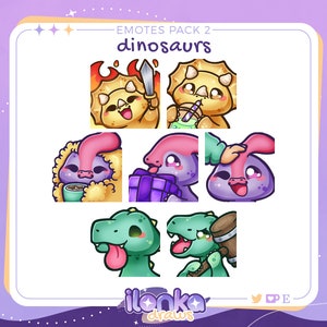 May include: A digital art print showcasing a set of dinosaur-themed emotes. The emotes depict various dinosaurs with diverse expressions and accessories, including a sword, bubble tea, and a gift. The text "EMOTES PACK 2 dinosaurs" is visible at the top.