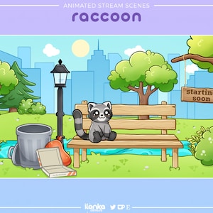 May include: A cartoon raccoon sits on a wooden bench in a park setting. The bench is in front of a green tree with a sign that reads "starting soon". There is a bin, a pizza box, and a bag on the ground. The background is a cityscape with blue buildings and a bright yellow sun.