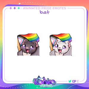May include: Animated emote of a bat holding a rainbow pride flag. The bat has purple eyes and a pink nose. The flag has a transgender pride flag in the corner.