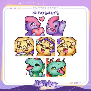 May include: A set of 7 digital dinosaur emoticons. The emoticons are in a cartoon style and feature different expressions. The emoticons are labelled "Emotes Pack 1: Dinosaurs".