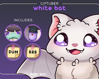Könnte beinhalten: Cartoon-Illustration einer weißen Fledermaus mit großen lila Augen und einem lächelnden Gesichtsausdruck. Das Bild enthält den Text "GIFTUBER white bat" und Symbole für einen Controller, ein Mikrofon und Haftnotizen mit den Texten "DUM" und "BRB".