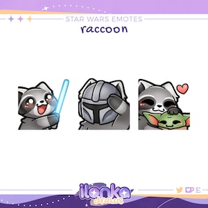 Puede incluir: Tres ilustraciones digitales de un mapache en diferentes poses. La primera muestra al mapache sosteniendo un sable de luz azul. La segunda muestra al mapache usando un casco mandaloriano. La tercera muestra al mapache abrazando a un personaje de Baby Yoda.