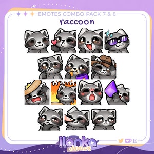 May include: A digital art graphic featuring a collection of raccoon emotes with various expressions. The emotes include raccoons with sunglasses, hearts, and magnifying glasses. Text at the top reads "-EMOTES COMBO PACK 7 & 8-" and "raccoon".