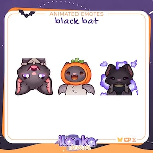 May include: Animated emotes featuring three cartoon bats. One bat is upside down, another wears a pumpkin costume, and the third is surrounded by purple energy. The text "Animated Emotes black bat" is at the top.