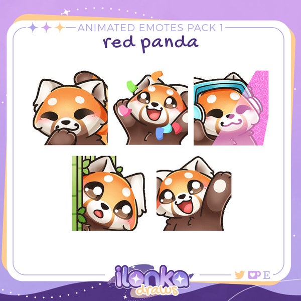 Panda roux | Pack d’émotes animés Twitch/Discord 1 (ensemble de 5)