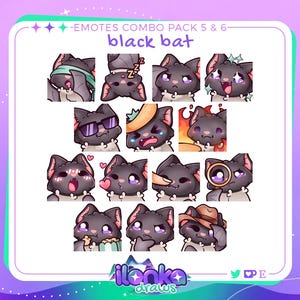 May include: A set of 12 digital illustrations featuring a black bat character with different expressions. The character is wearing various accessories, including a hat, sunglasses, and a scarf. The illustrations are labelled "black bat" and "Emotes Combo Pack 5 & 6".