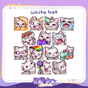 May include: A set of 12 white bat emoticons with different expressions, including happy, sad, surprised, and angry. The emoticons are arranged in a grid on a white background with the text "EMOTES COMBO PACK 3 & 4 white bat" at the top.