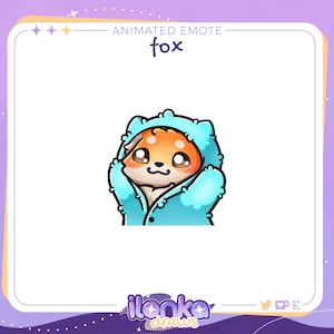 May include: Animated emote of a fox wearing a blue hooded jacket. The fox has orange fur and a white muzzle. The emote is titled "fox" and is from the artist "ilanko draws".