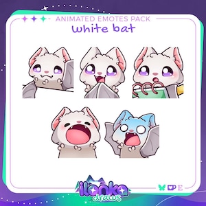 Könnte beinhalten: Animiertes Emote-Paket mit einer weißen Fledermaus mit verschiedenen Ausdrücken. Die Fledermaus hat große lila Augen und wird in verschiedenen Posen gezeigt, darunter lächelnd, überrascht und mit einem Notizblock. Der Text "white bat" wird über den Bildern angezeigt.