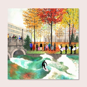 Peut inclure: Une illustration à l'aquarelle montre un surfeur chevauchant une vague dans une rivière sous un pont en pierre. Sur la rive, des personnes en tenue d'automne se tiennent parmi des arbres orange et jaunes, près de surfeurs en combinaison.
