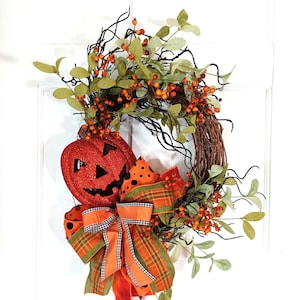 Minimalist pumpkin Halloween decor, Fall wreath for covered porch, happy pumpkin decoration for mantle, Farmhouse ribbons.