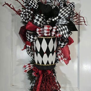 Nutcracker harlequin swag, Christmas tree topper, red jewel, harlequin poinsettia, fireplace mantle, mini swirl ballet dancer gift.