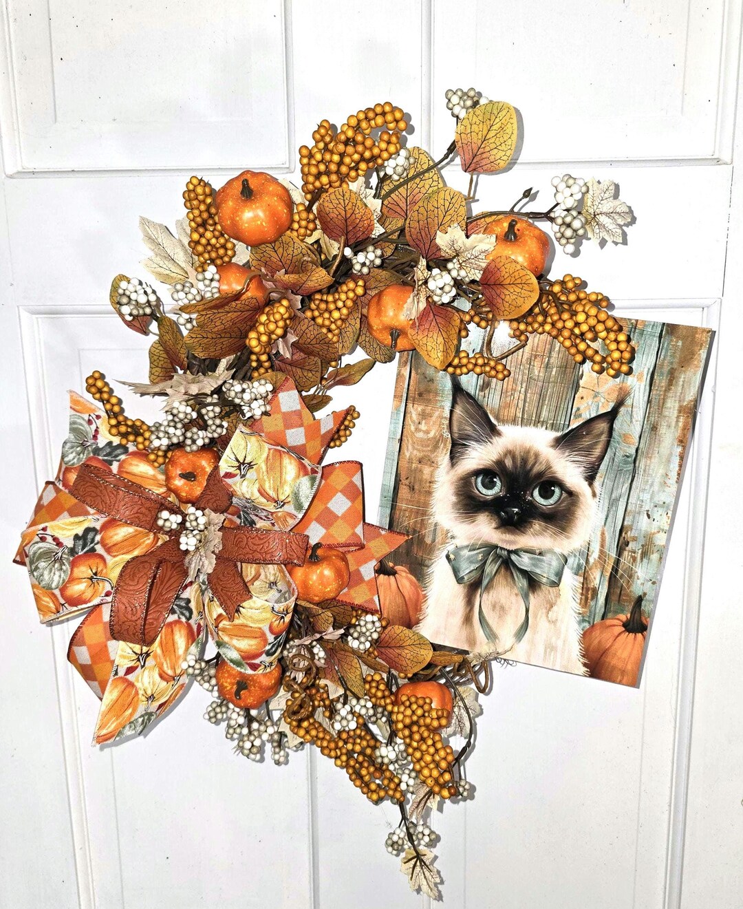 Siamese Kitty With Pumpkins for Front Door, Cat With Fall Decor, Cat ...