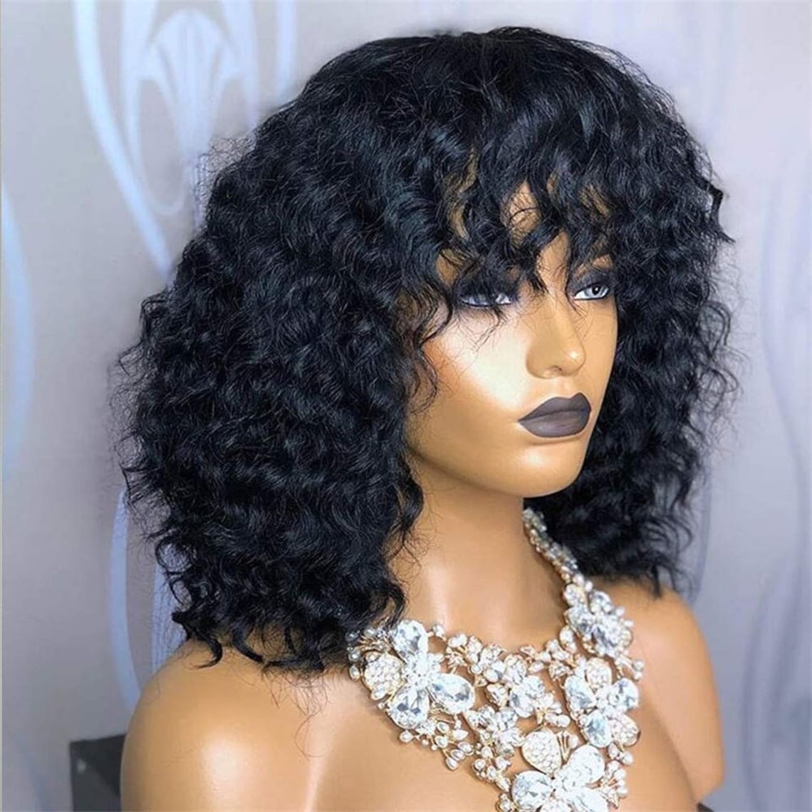 Brazilian Jerry Curl Human Hair Wig With Bangs Etsy