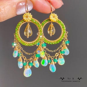 Handmade Ethiopian Opal Chandelier Earrings: Citrine, Diopside,Green Chalcedony, 14K Gold Filled