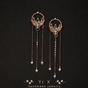 Rainbow Moonstone Pearl Chandelier Earrings: 14K Gold Filled Tassel