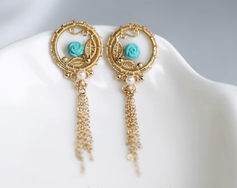 Blue Turquoise Chinese Fan Tassel Drop Earrings,Gold Tassel Dangle Earrings,December Gemstone Jewelry,14K Gold Filled Wire,Anniversary Gift