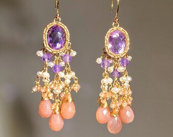 Amethyst Peach Moonstone Chandelier Earrings,Handmade Cluster Earrings,OOAK Earrings,Vintage Earrings,Gemstone Earrings,AnniversaryGift