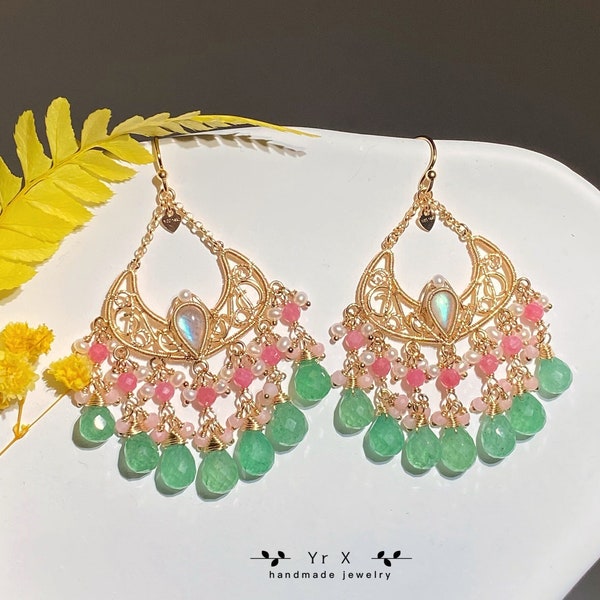 Green Strawberry Quartz Rhodonite Chandelier Earrings,Handmade Cluster Earrings,Wire Wrapped Gemstone Earrings,Birthday Anniversary Gift