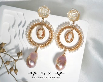 Hand Carved Cameo/Baroque Pearl/Shell Chandelier Earrings,Wedding Dress Earrings,Wire Wrapped Earrings,Artisan Earrings,Anniversary Gift