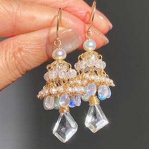 Handmade Rainbow Moonstone Chandelier Earrings: Pearl, Clear Quartz, 14K Gold Filled
