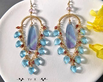 Fluorite/Sky Blue Quartz/Garnet Chandelier Earrings,Blue Gemstone Handmade Earrings,14K Gold Wire Wrapped Earrings,Birthday Anniversary Gift