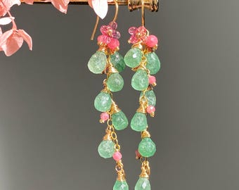 Natural Green Strawberry Quartz/Rhodonite Drop Earrings,OOAK Cluster Earrings,Handmade Colorful Gemstone Earrings,Anniversary Birthday Gift