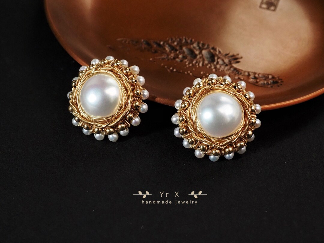 Vintage 14k Gold Mabe Pearl Stud Earring.wedding Dress Pearl Stud ...