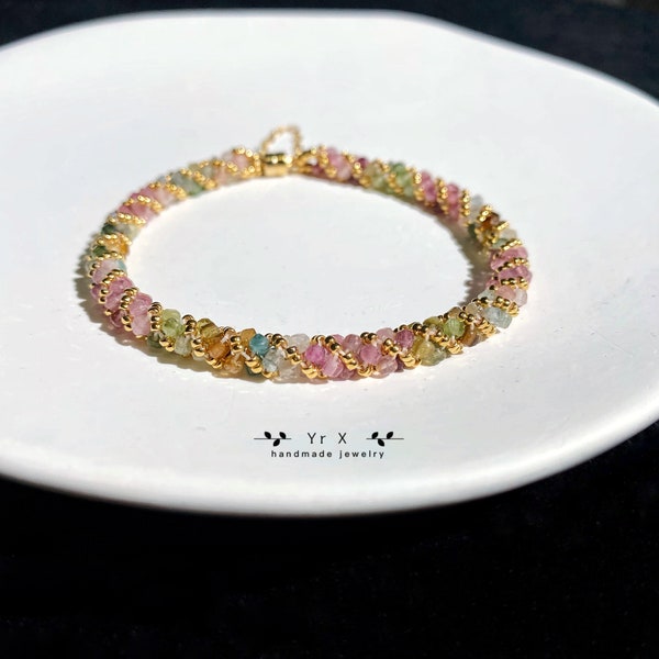 Bracelet tourmaline multicolore Kumihimo, bracelet tendance tourmaline arc-en-ciel, bijoux avec pierre de naissance d'octobre, cadeau d'anniversaire de mariage pour elle