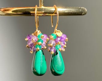 Natural Malachite/Amethyst Cluster Dangle Earrings,Gemstone Cluster Drop Earrings,Handmade Gemstone Earrings,Anniversary Brithday Gift