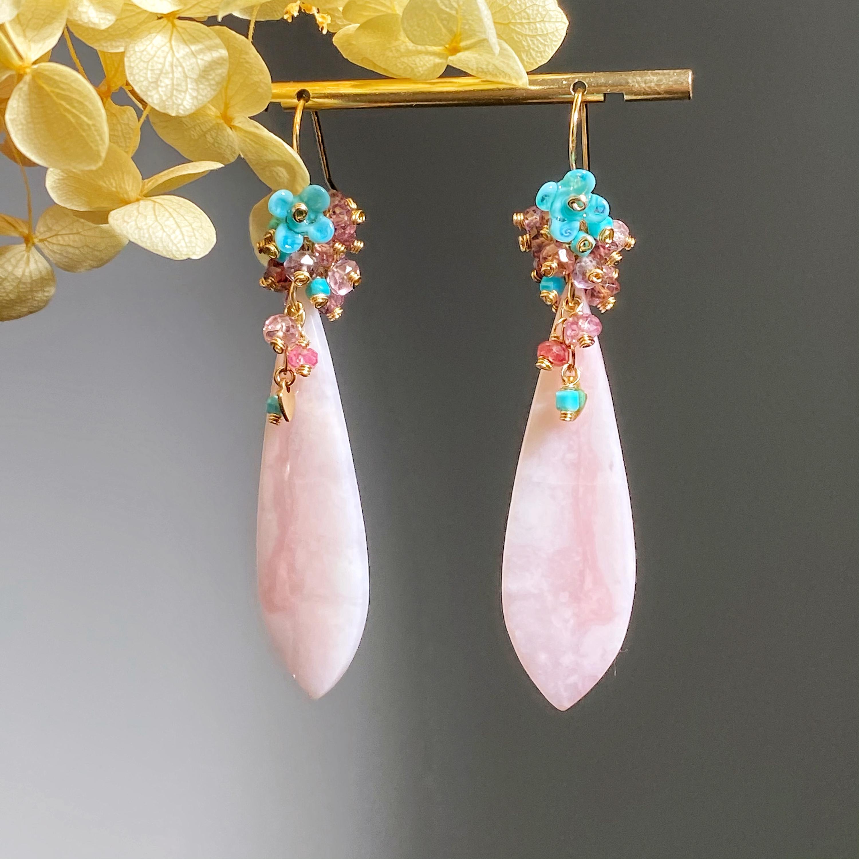 Natural Pink Opal/Turquoise/Spinel Cluster Earrings,Multicolor Gemstone Earrings,Handmade Earrings,Artisan Earrings,Anniversary Gift